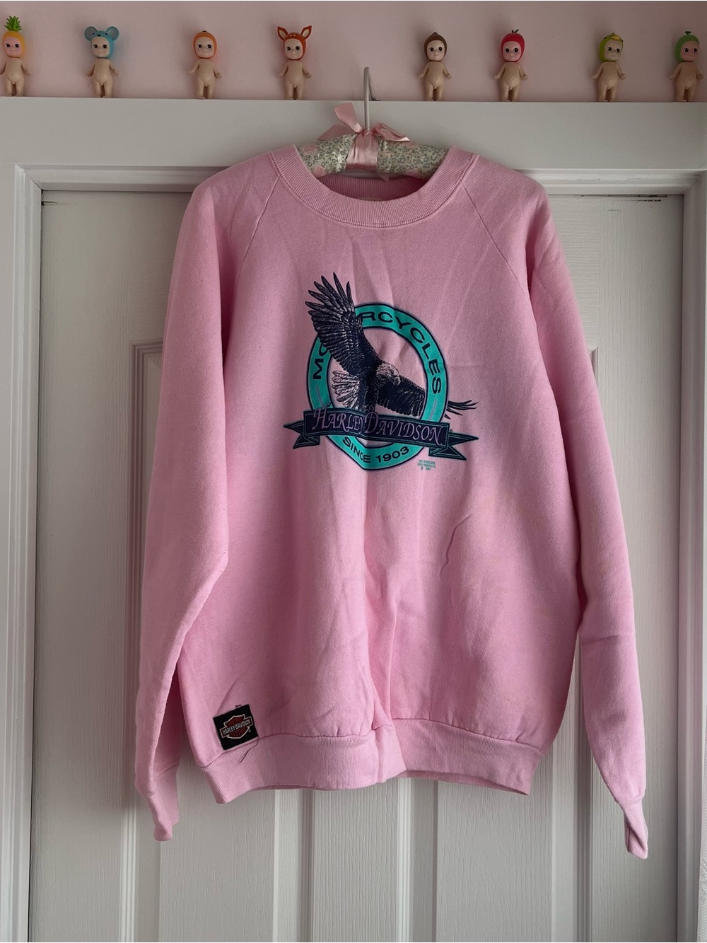 Harley Davidson 3D Emblem Pink Crewneck Sweatshirt with Teal & Black Eagle Logo